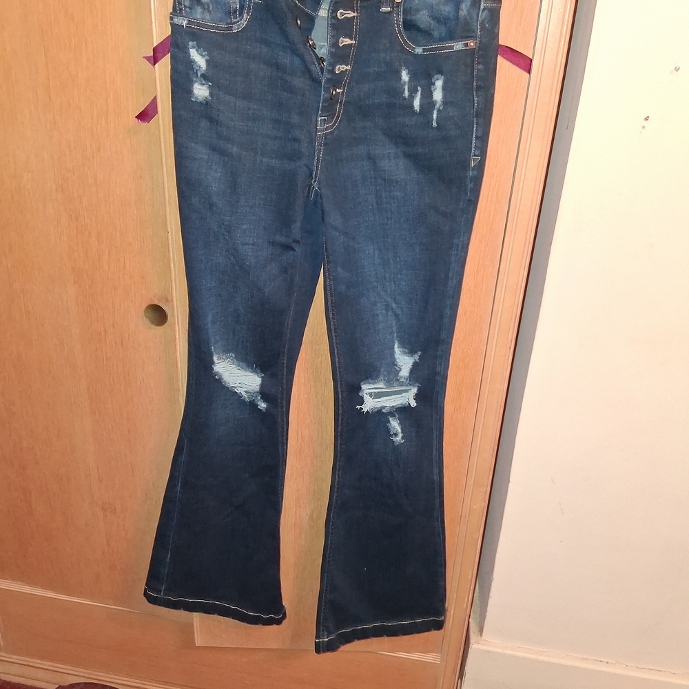 Maurices Dark Blue Distressed Flare Jeans